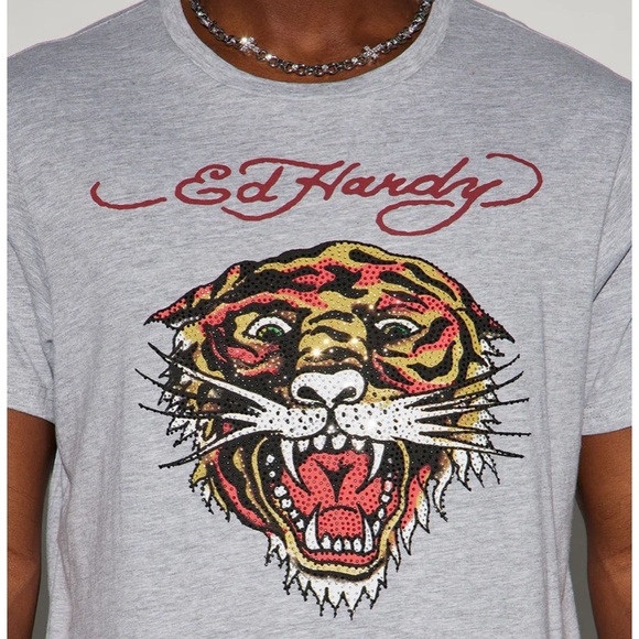 NEW🐯Ed Hardy RetroRHINESTONE TIGER TEE By Christian Audigier grey Unisex - Picture 4 of 7